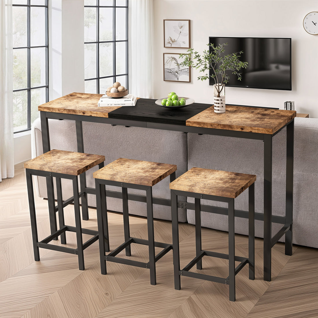Modern Design Kitchen Dining Table, Pub Table, Long Dining Table Set With 3 Stools, Convenient Hanging Stool Design, Natural Black Natural Black Desk And Chair Set Mdf Metal