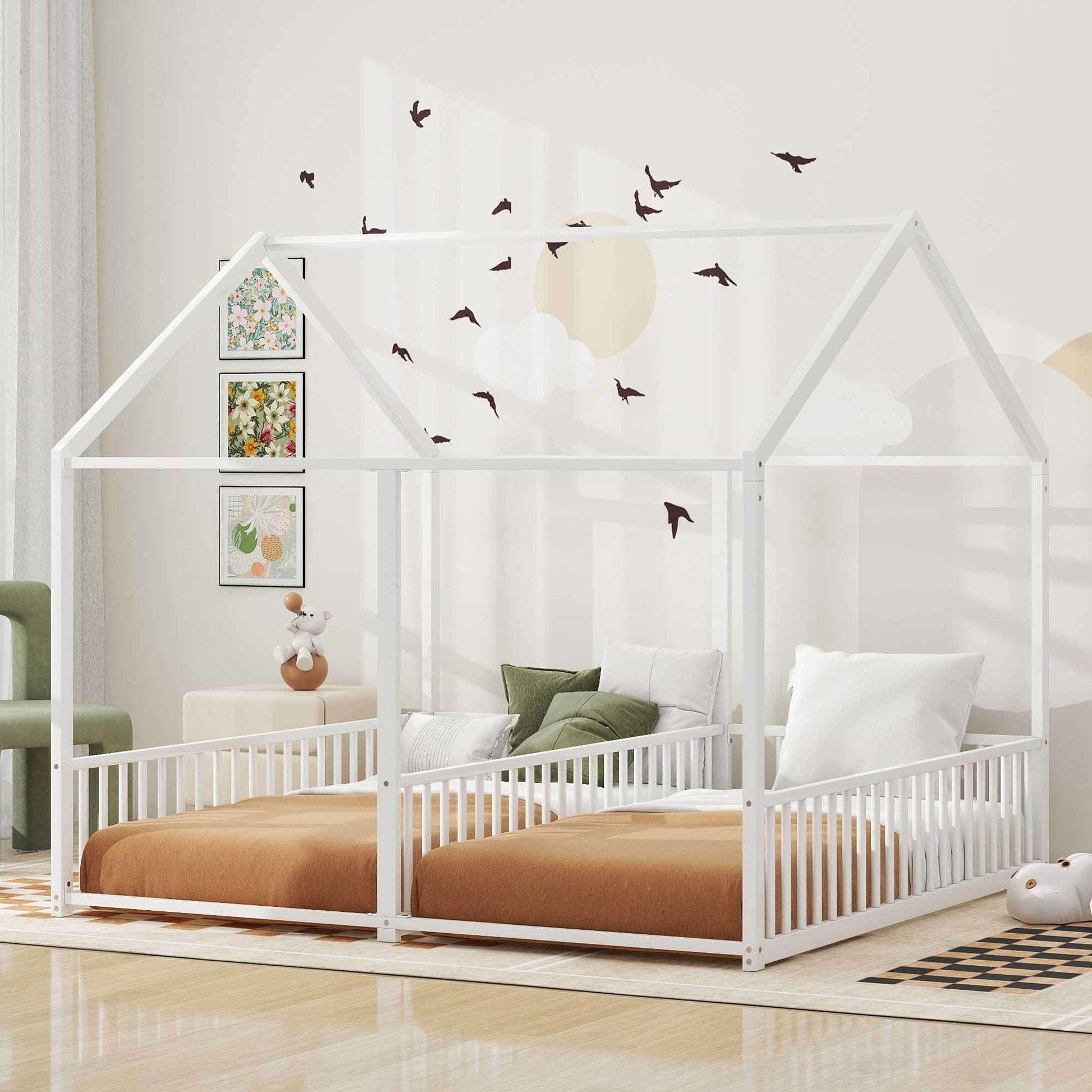 Metal Twin Size House Platform Beds, Two Shared Beds, White Box Spring Not Required Twin Antique White Metal Bedroom Metal