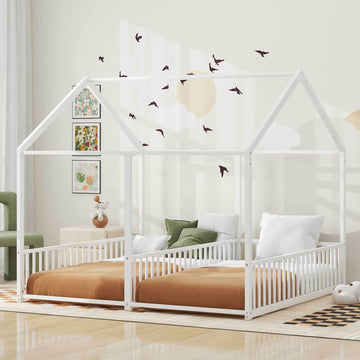 Metal Twin Size House Platform Beds, Two Shared Beds, White Box Spring Not Required Twin Antique White Metal Bedroom Metal