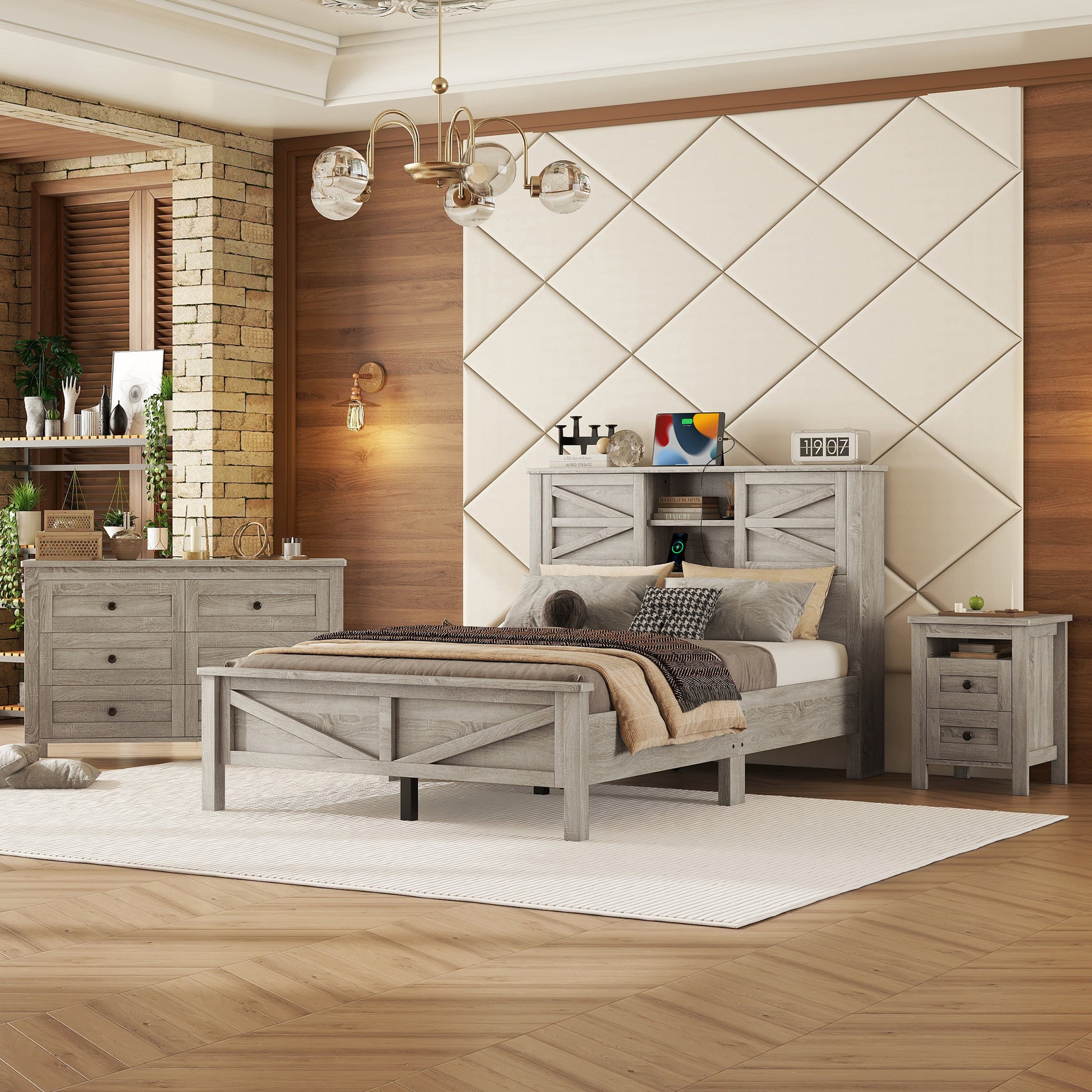 3 Pieces Bedroom Sets Full Size Farmhouse Platform Bed With Double Sliding Door Storage Headboard And Charging Station, Storage Nightstand And Dresser, Antique Gray Full Antique Gray 3 Piece Set Particle Board