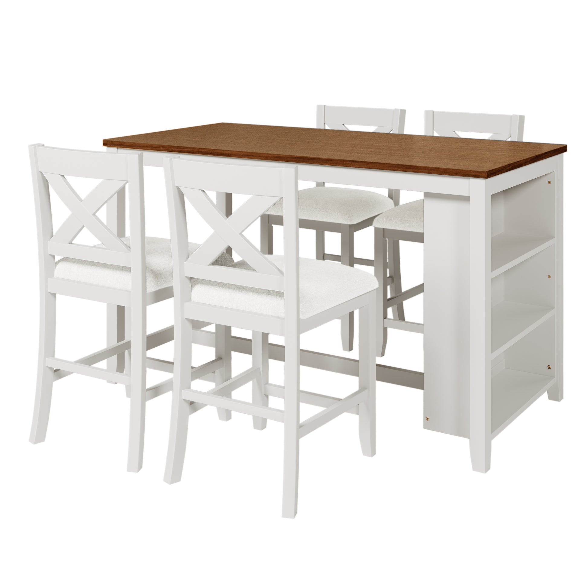 5 Pieces Counter Height Rustic Farmhouse Dining Room Wooden Bar Table Set With 4 Chairs, White White Wood Dining Room Solid Wood Rubberwood Rectangular Dining Table With Chair Upholstered Chair Wood White Solid Back Seats 4 4 Leg Foam Solid Wood