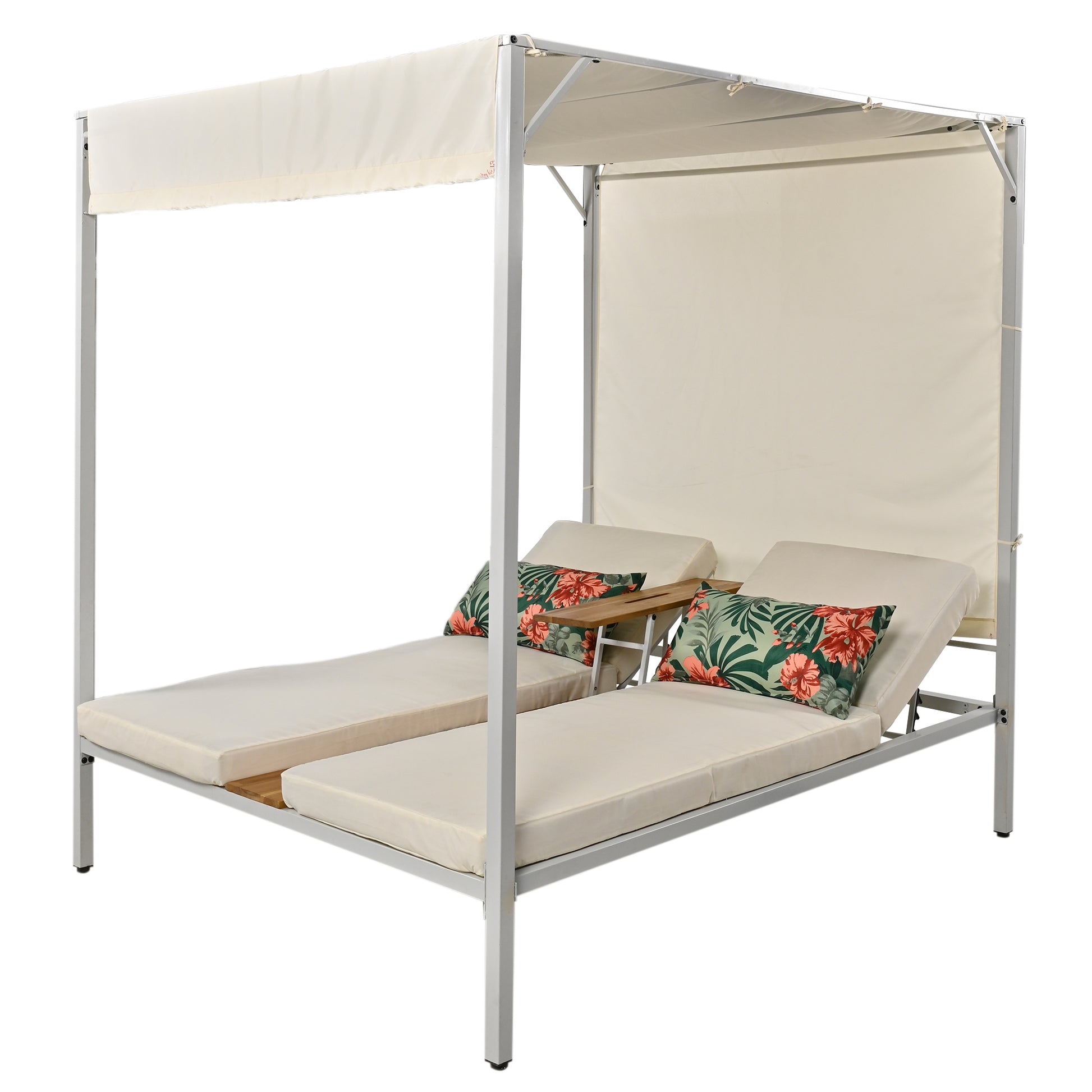 Outdoor Patio Sunbed Daybed With Cushions, Adjustable Seats Beige Steel