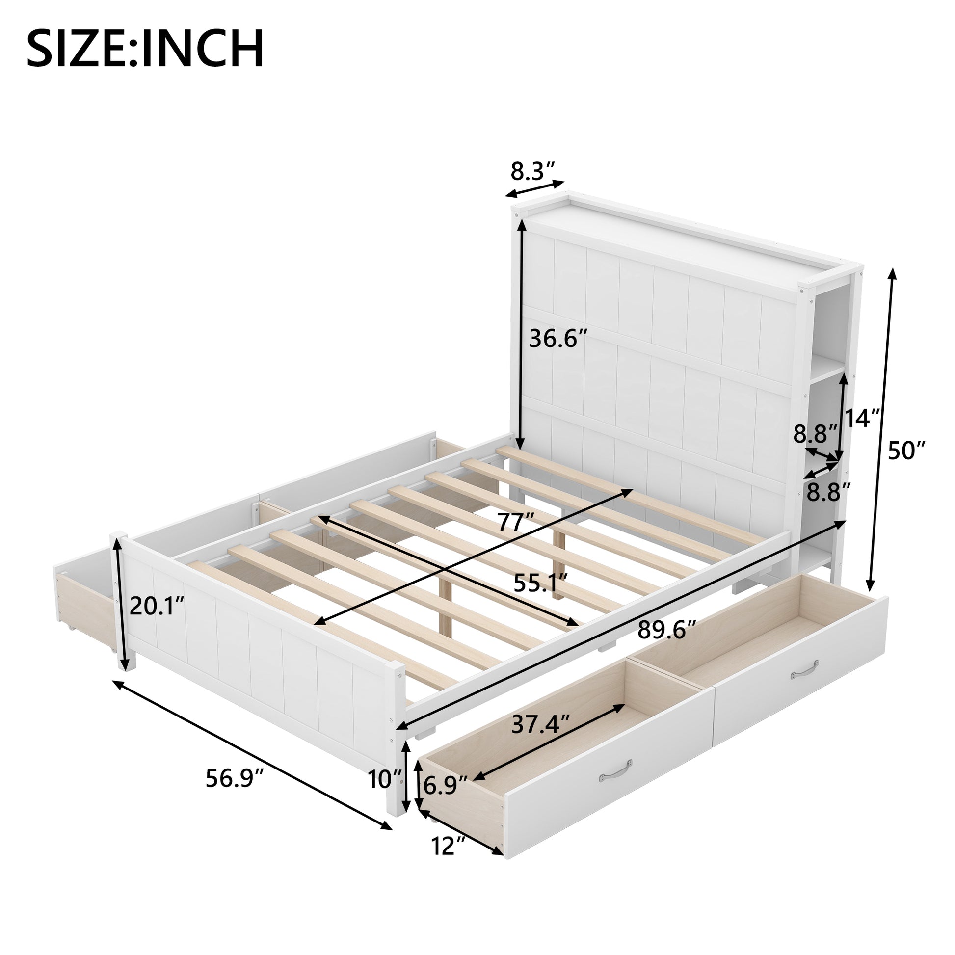 Full Size Platform Bed With Drawers And Storage Shelves, White Antique White Solid Wood Mdf