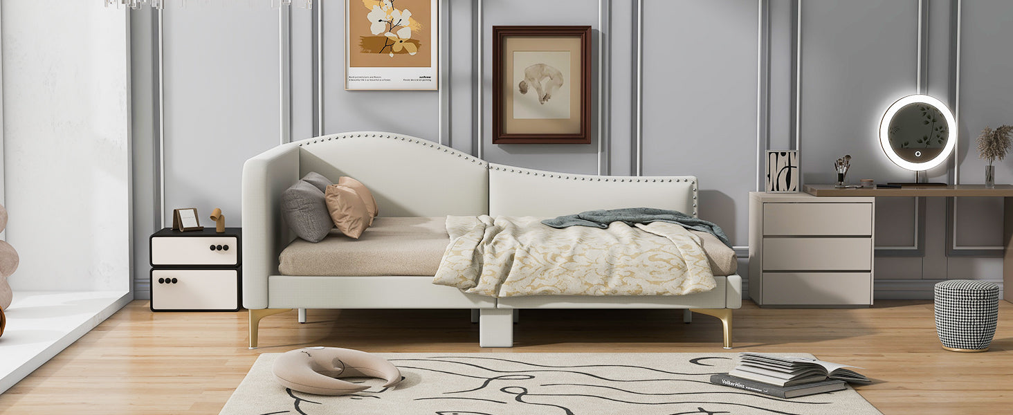 Full Size Upholstered Daybed With Headboard And Armrest, Support Legs, Beige Box Spring Not Required Full Beige Wood Daybeds Linen Upholstered