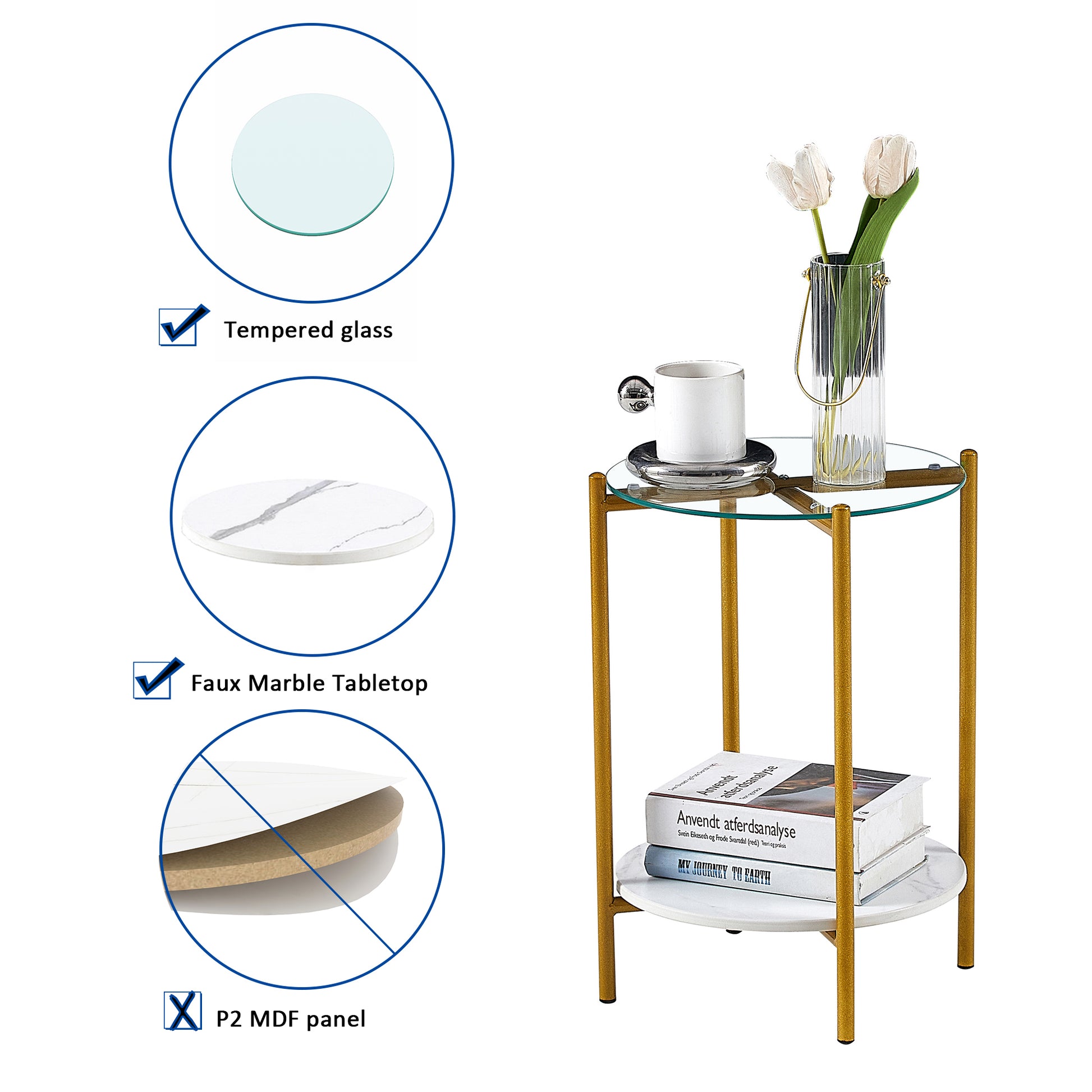2 Layer End Table With Whole Marble Tabletop, Round Coffee Table With Black Metal Frame For Bedroom Living Room Office Transparent,1 Piece Transparent Glass Metal