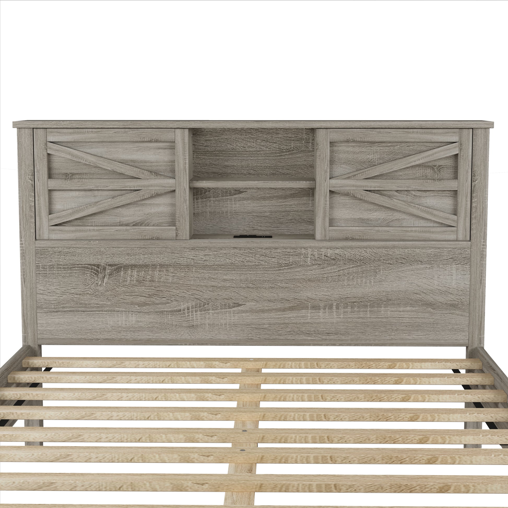 Farmhouse Platform Bed With Double Sliding Barn Door, Full Size Rustic Wood Bed Withcharging Station, Wood Slats Support, Antique Gray Antique Gray Particle Board