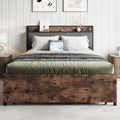 Full Size Bed Frame, Storage Headboard With Charging Station And 2 Storage Drawers,Vintage Brown And Gray Box Spring Not Required Full Black Iron Brown Bedroom Bed Frame Metal & Wood