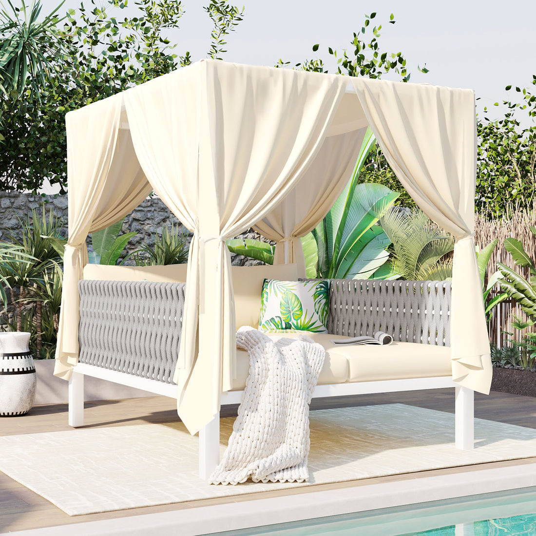 Outdoor Patio Sunbed With Curtains, High Comfort, Suitable For Multiple Scenarios Beige Woven Rope