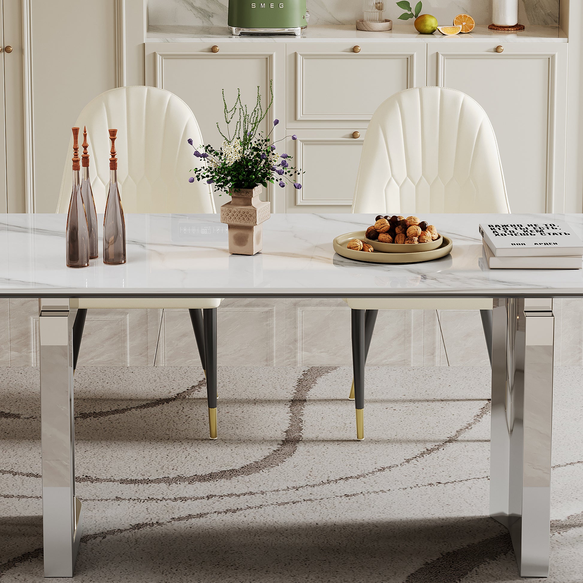 0.47" Thick Sintered Stone Composite Tempered Glass Top Rectangular Dining Table With Stainless Steel Base Gold Sintered Stone