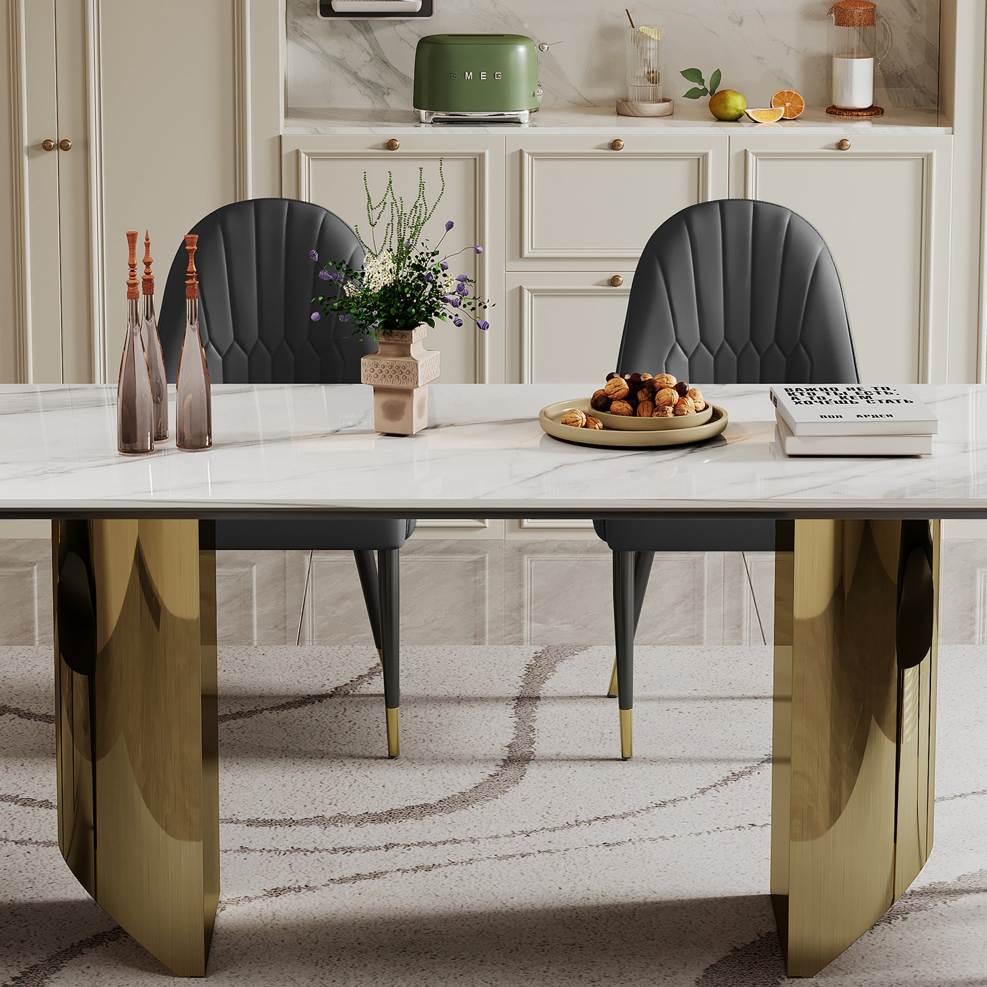 0.47" Thick Sintered Stone Composite Tempered Glass Top Rectangular Dining Table With Stainless Steel Base Gold Sintered Stone