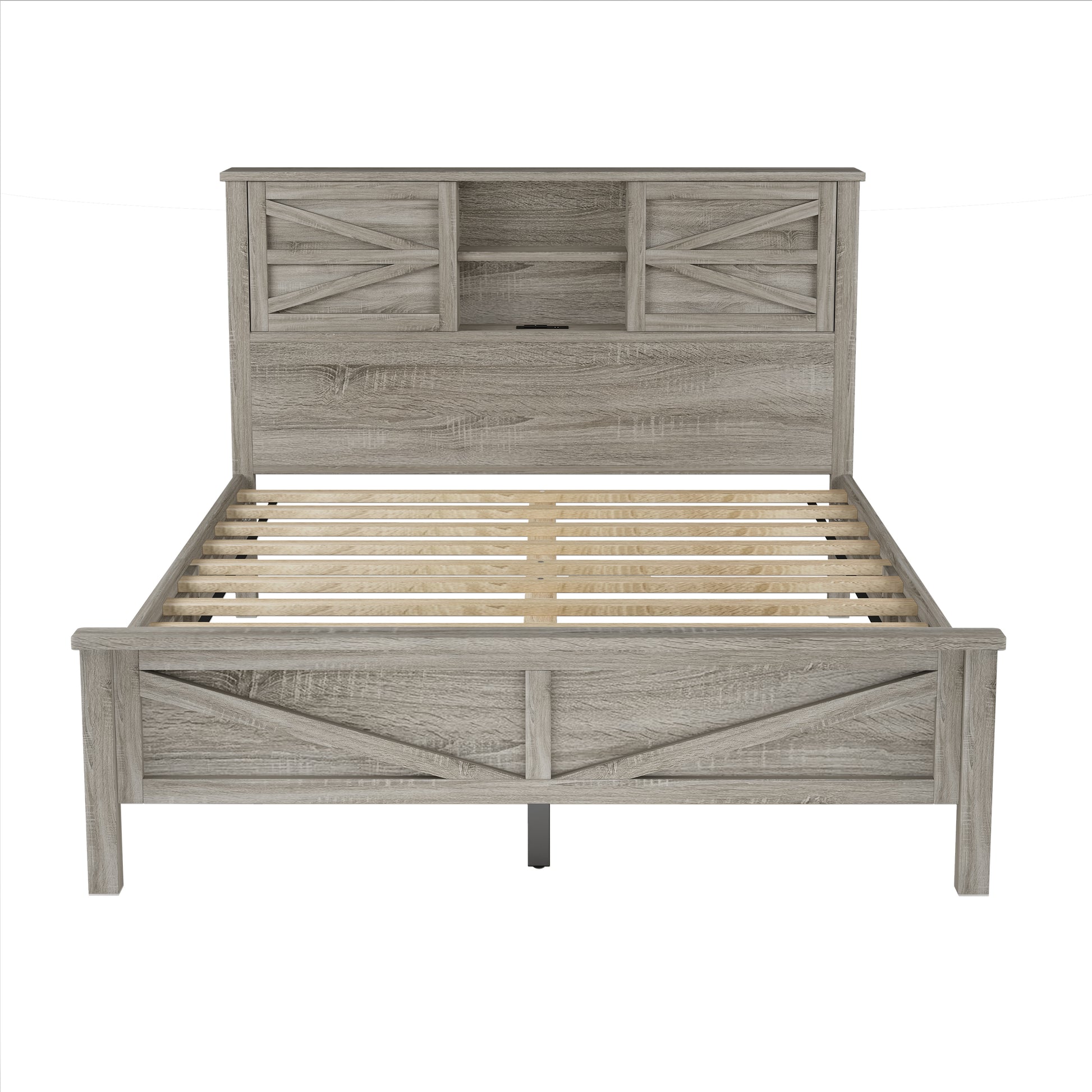 Farmhouse Platform Bed With Double Sliding Barn Door, Queen Size Rustic Wood Bed Withcharging Station, Wood Slats Support, Antique Gray Antique Gray Particle Board