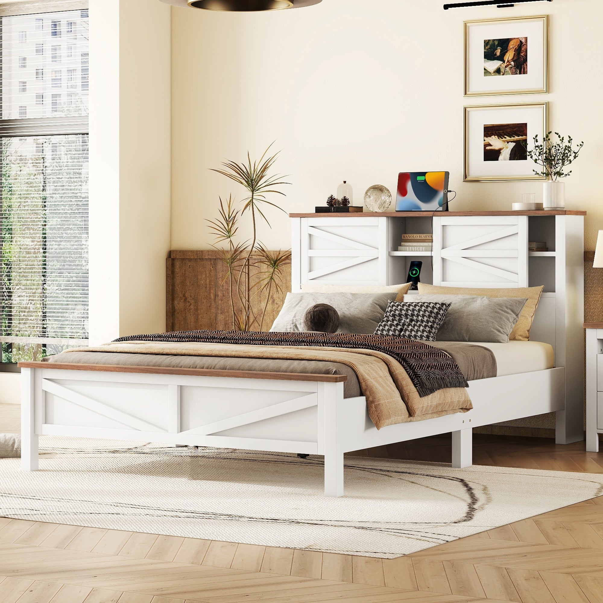 Farmhouse Platform Bed With Double Sliding Barn Door, Queen Size Rustic Wood Bed Withcharging Station, Wood Slats Support, White Brown White Particle Board