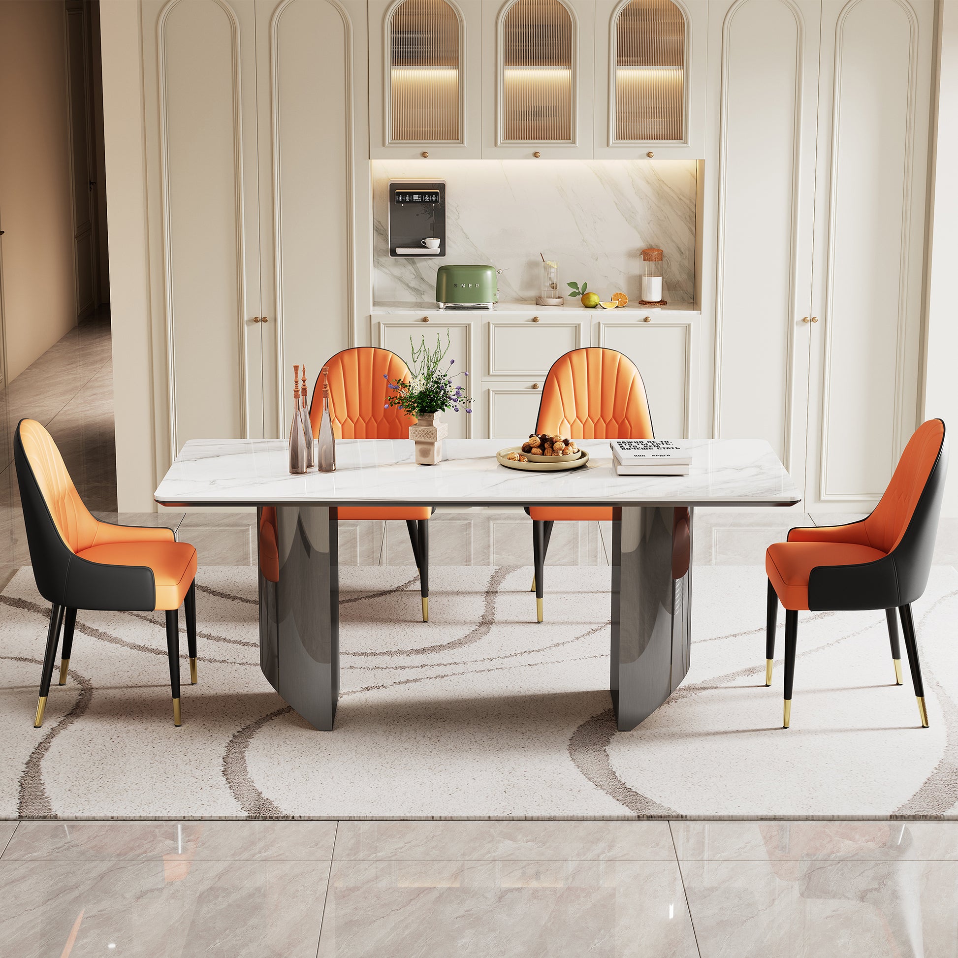 0.47" Thick Sintered Stone Composite Tempered Glass Top Rectangular Dining Table With Stainless Steel Base Black Sintered Stone