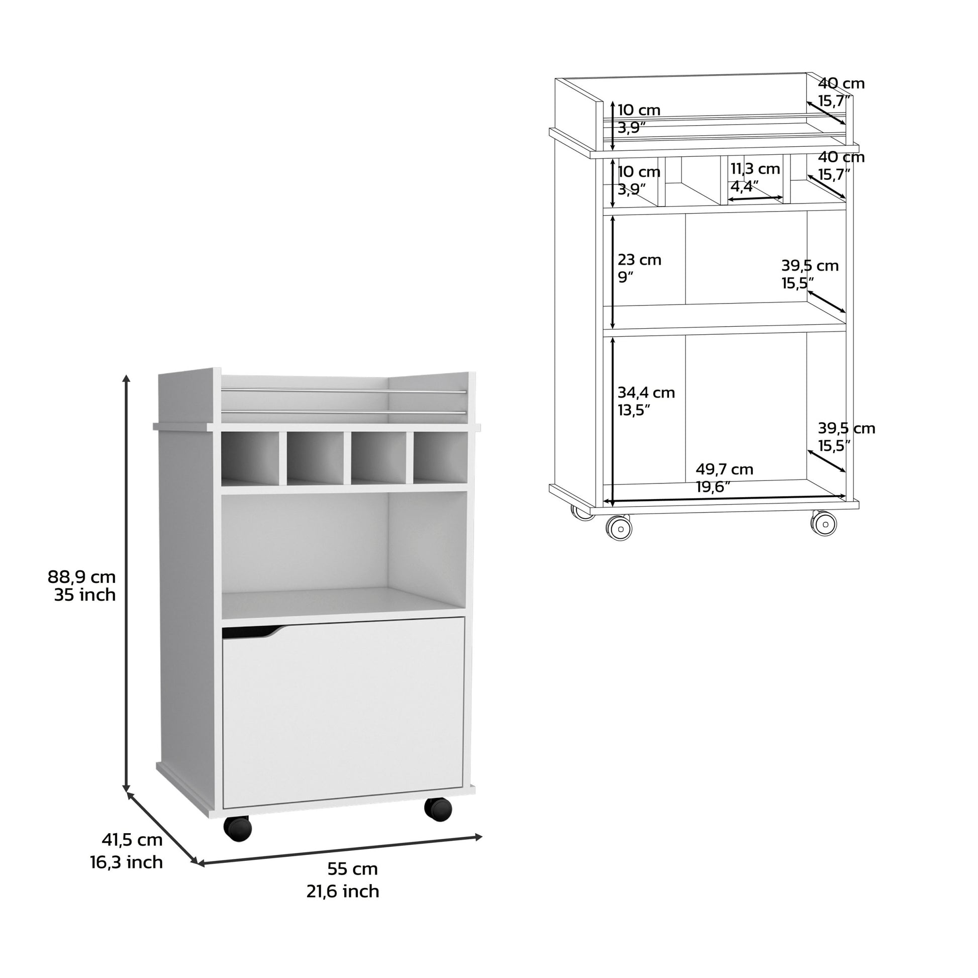 35" H Bar Cart With Two Shelves Four Wine Cubbies And One Cabinet,White White Particle Board Pine