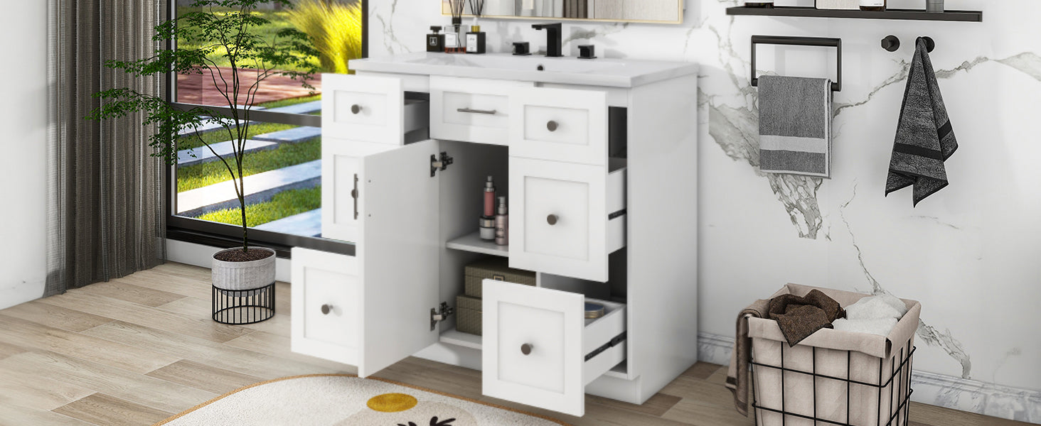 Modern White 36 Inch Freestanding Bathroom Vanity Cabinet With Resin Integrated Basin With 4 Drawers 1 Soft Close Door, Multi Functional Storage White Mdf