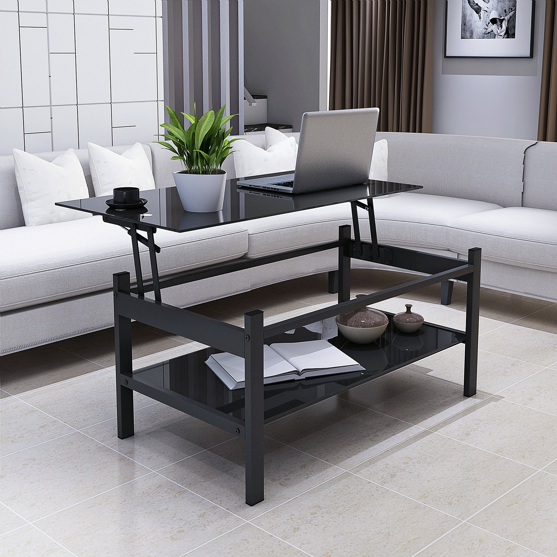 Glass Lift Top Coffee Table, Modern Simple 2 Layer Tempered Glass Coffee Table For Living Room, Black Black Glass Metal