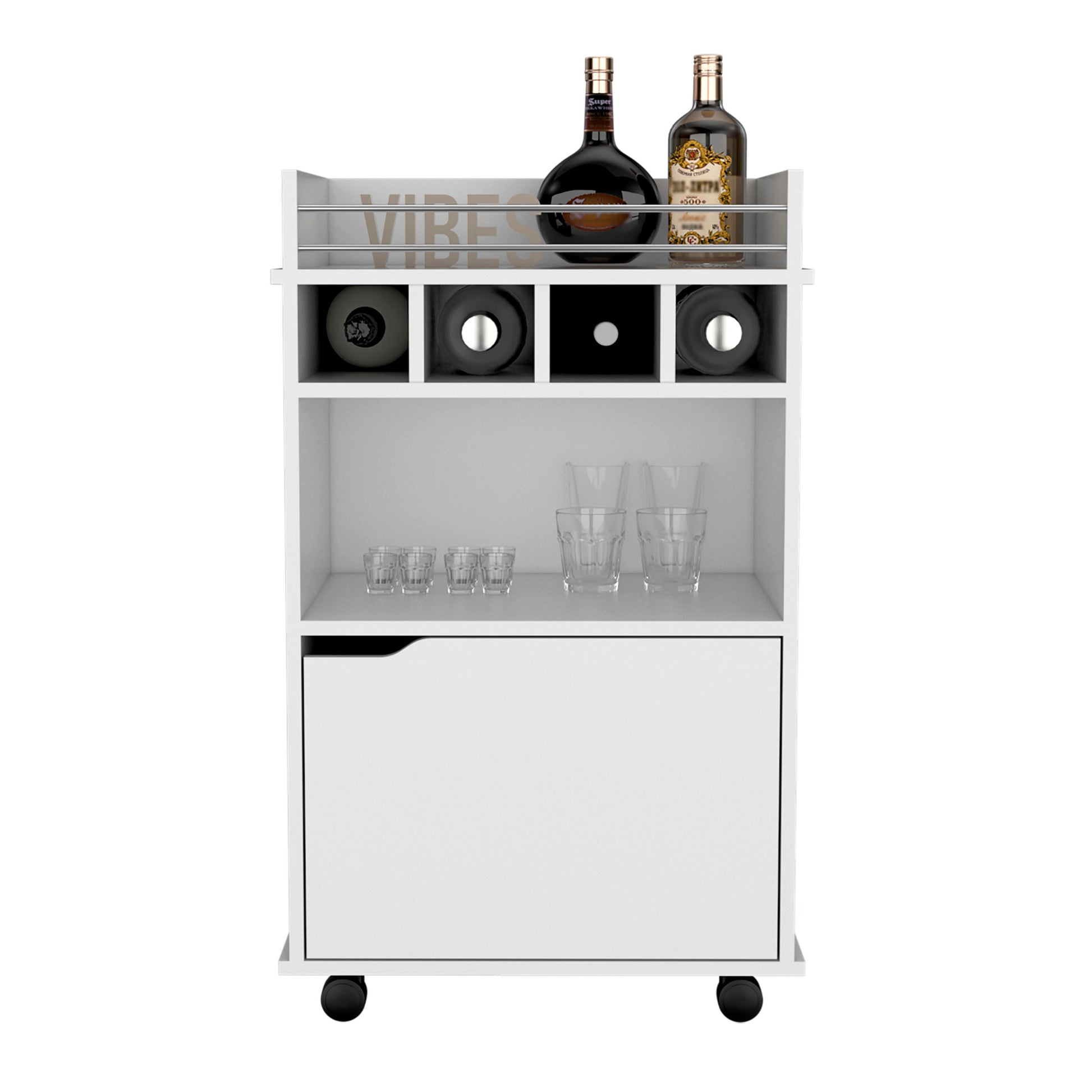 35" H Bar Cart With Two Shelves Four Wine Cubbies And One Cabinet,White White Particle Board Pine