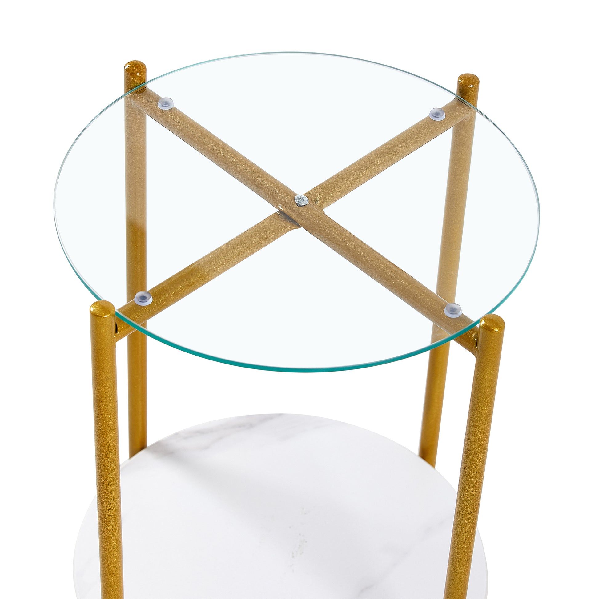 2 Layer End Table With Whole Marble Tabletop, Round Coffee Table With Black Metal Frame For Bedroom Living Room Office Transparent,1 Piece Transparent Glass Metal