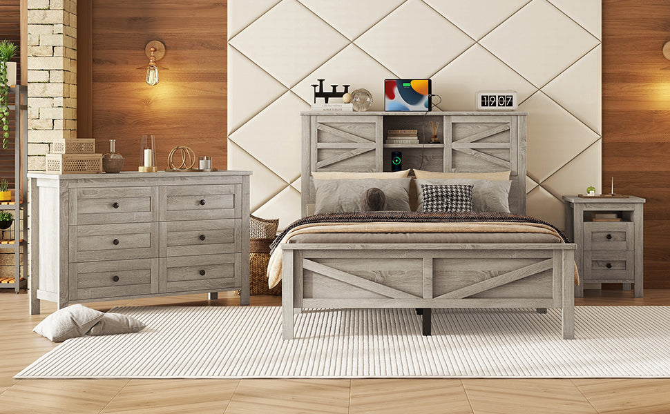3 Pieces Bedroom Sets Full Size Farmhouse Platform Bed With Double Sliding Door Storage Headboard And Charging Station, Storage Nightstand And Dresser, Antique Gray Full Antique Gray 3 Piece Set Particle Board