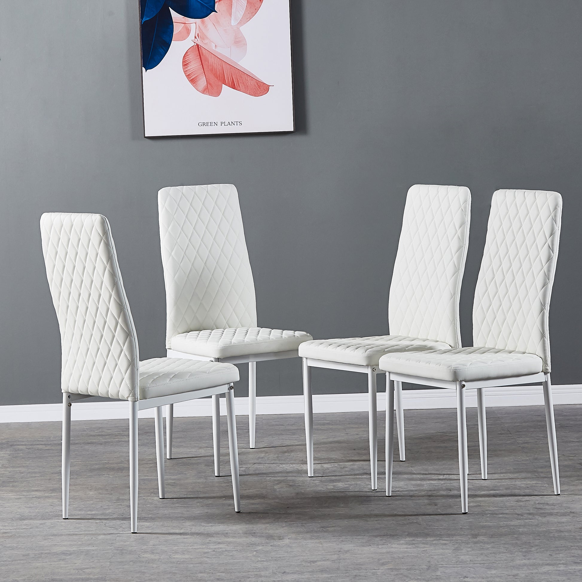 White Modern Minimalist Dining Chair Fireproof Leather Sprayed Metal Pipe Diamond Grid Pattern Restaurant Home Conference Chair Set Of 6 White Pu