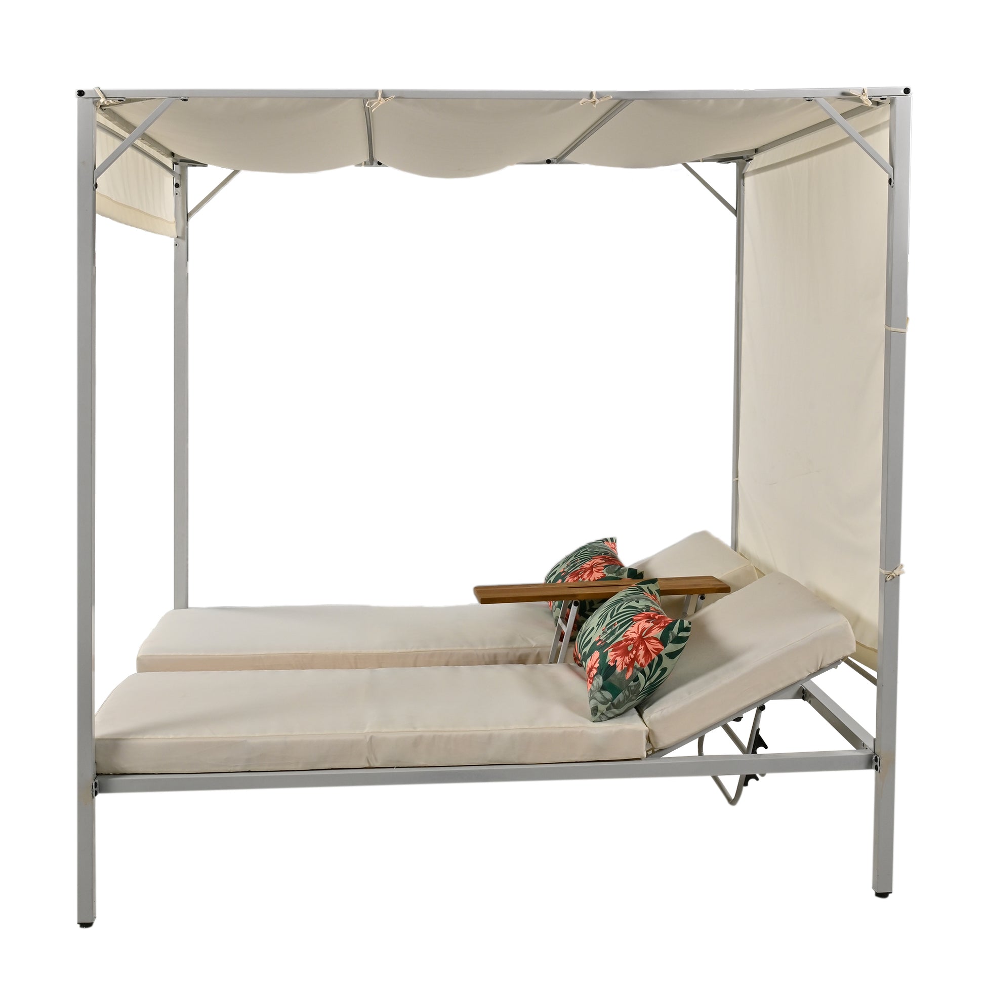 Outdoor Patio Sunbed Daybed With Cushions, Adjustable Seats Beige Steel