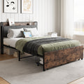 Full Size Bed Frame, Storage Headboard With Charging Station And 2 Storage Drawers,Vintage Brown And Gray Box Spring Not Required Full Black Iron Brown Bedroom Bed Frame Metal & Wood