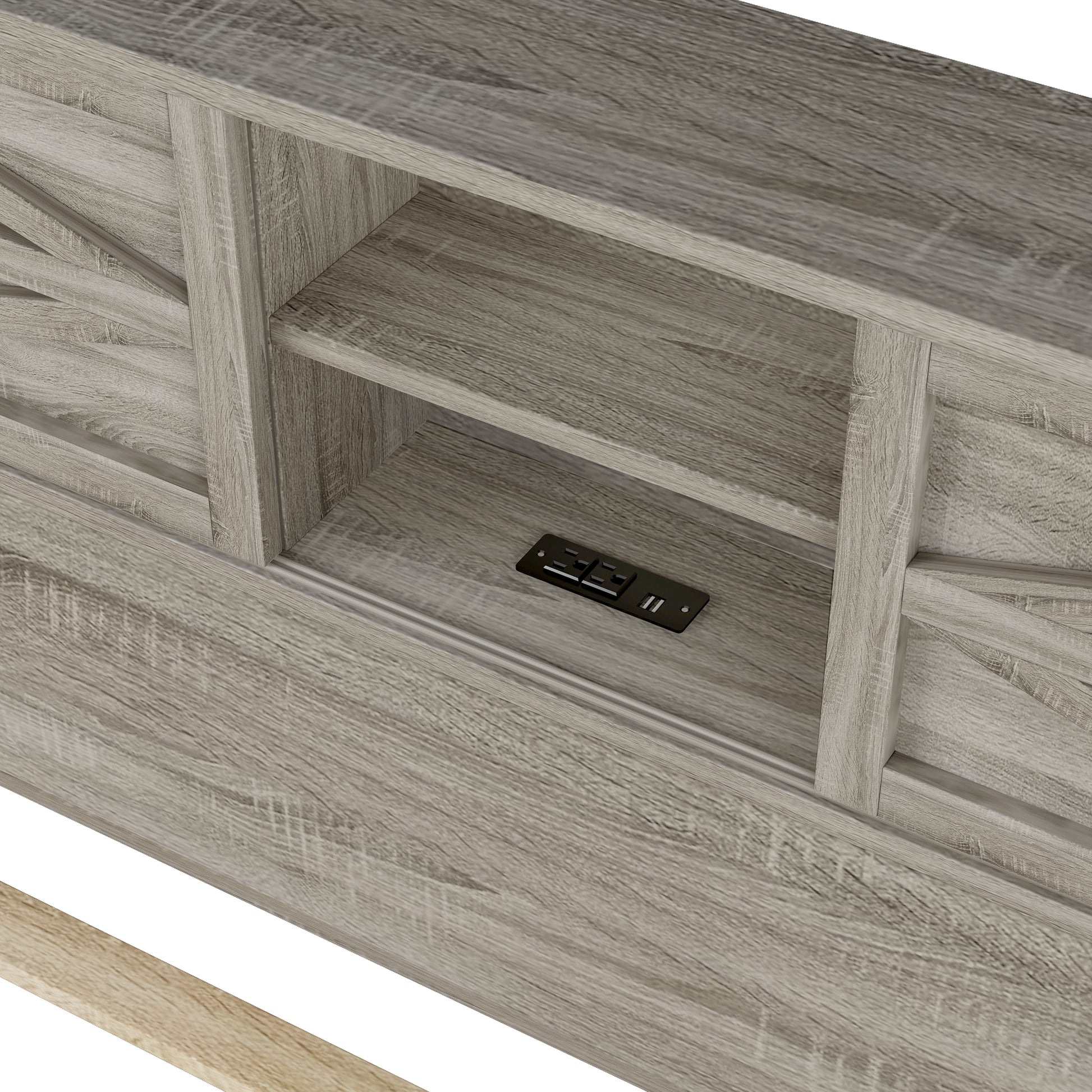 Farmhouse Platform Bed With Double Sliding Barn Door, Queen Size Rustic Wood Bed Withcharging Station, Wood Slats Support, Antique Gray Antique Gray Particle Board
