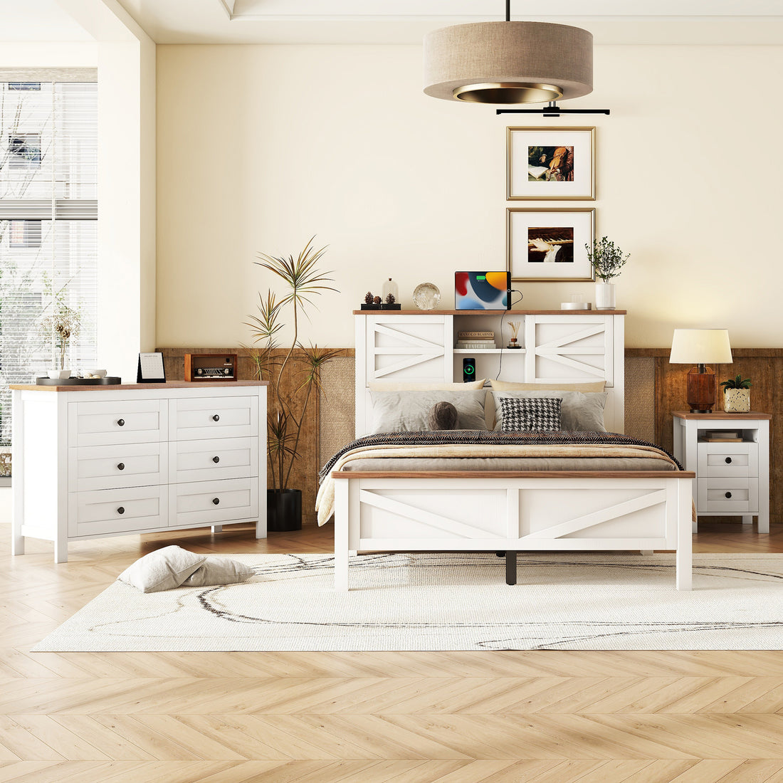 3 Pieces Bedroom Sets Full Size Farmhouse Platform Bed With Double Sliding Door Storage Headboard And Charging Station, Storage Nightstand And Dresser, White Brown Full White 3 Piece Set Particle Board