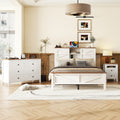 3 Pieces Bedroom Sets Full Size Farmhouse Platform Bed With Double Sliding Door Storage Headboard And Charging Station, Storage Nightstand And Dresser, White Brown Full White 3 Piece Set Particle Board