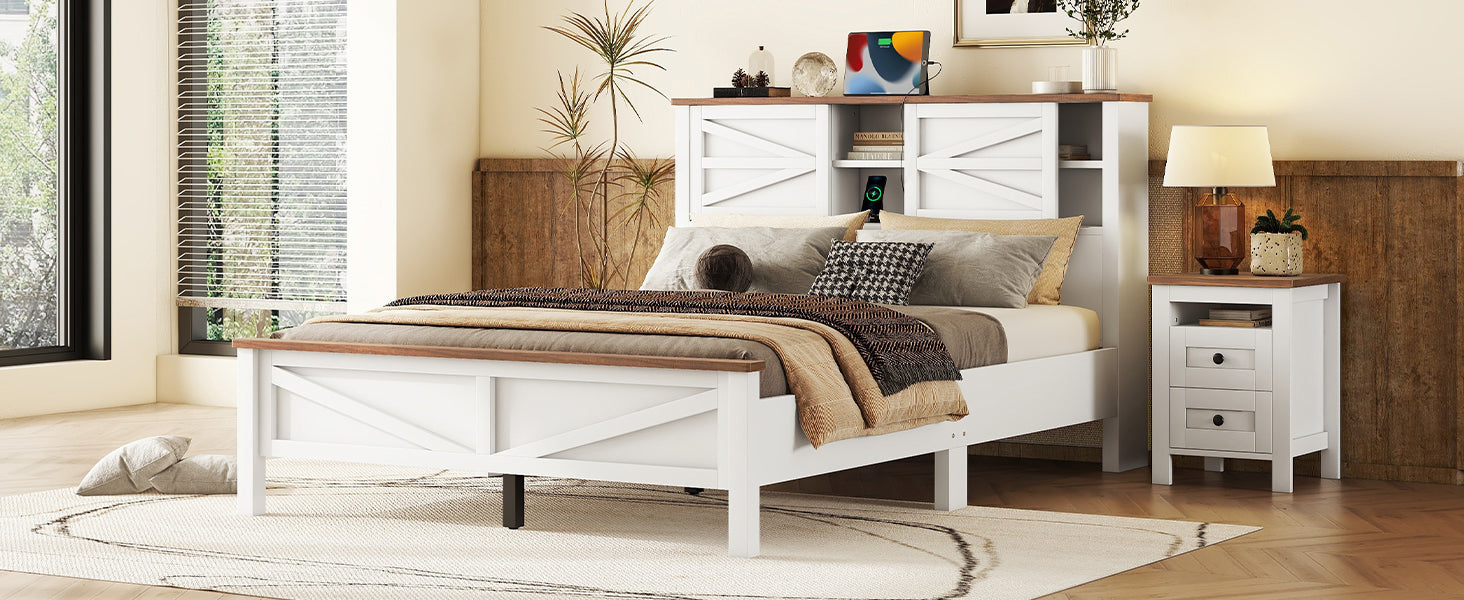 Farmhouse Platform Bed With Double Sliding Barn Door, Queen Size Rustic Wood Bed Withcharging Station, Wood Slats Support, White Brown White Particle Board