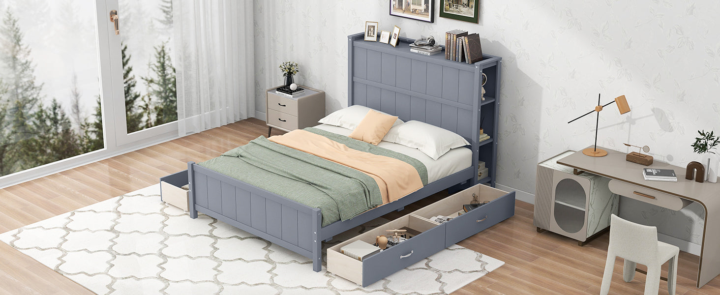 Full Size Platform Bed With Drawers And Storage Shelves, Gray Gray Solid Wood Mdf
