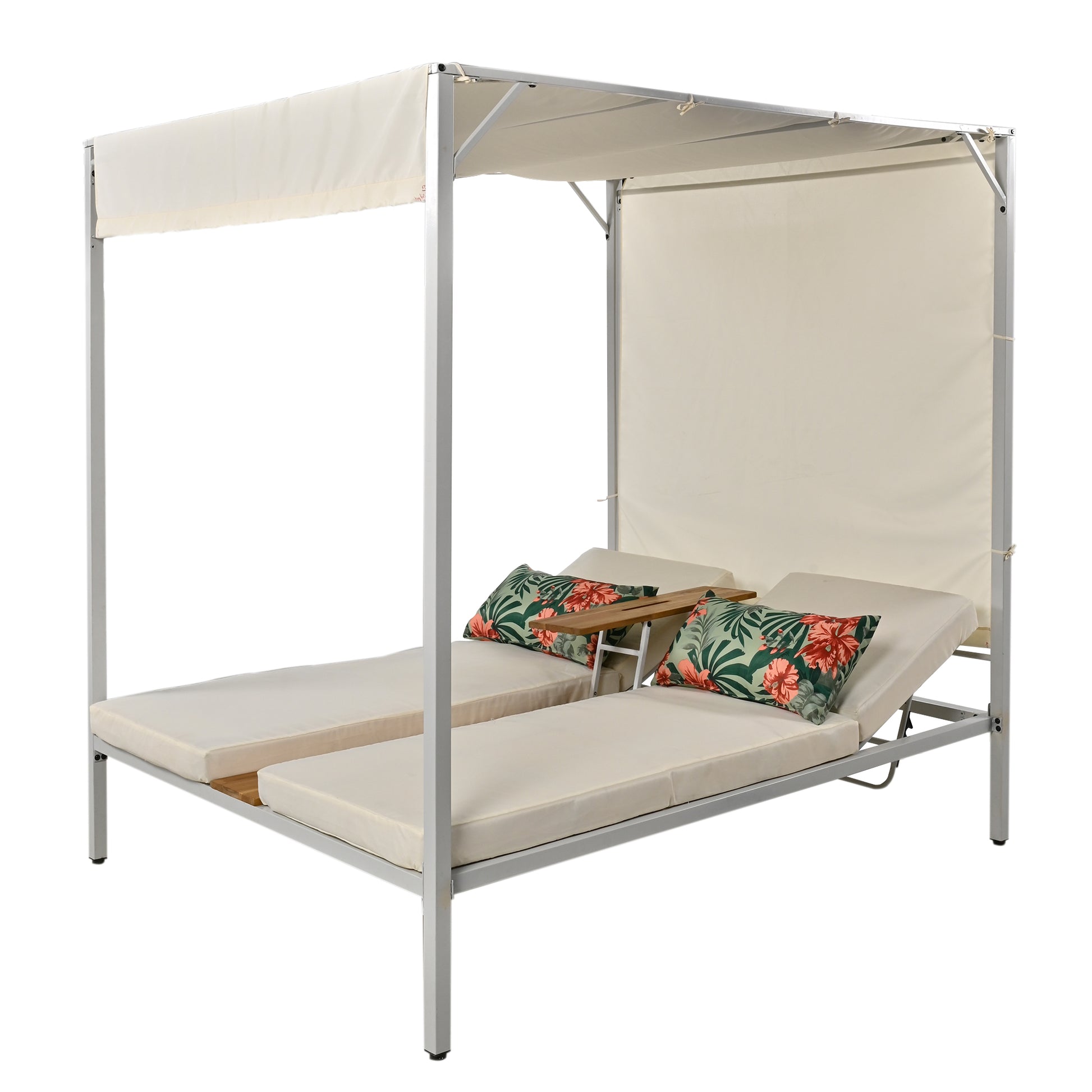 Outdoor Patio Sunbed Daybed With Cushions, Adjustable Seats Beige Steel