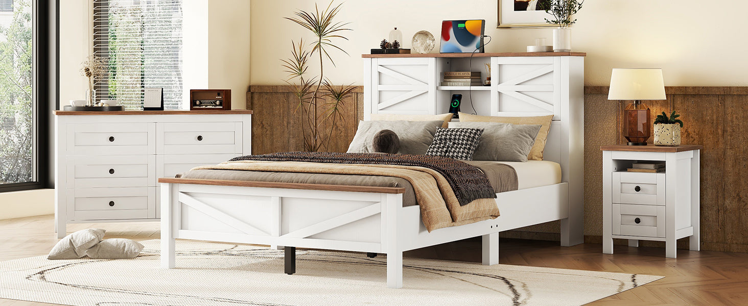 3 Pieces Bedroom Sets Full Size Farmhouse Platform Bed With Double Sliding Door Storage Headboard And Charging Station, Storage Nightstand And Dresser, White Brown Full White 3 Piece Set Particle Board