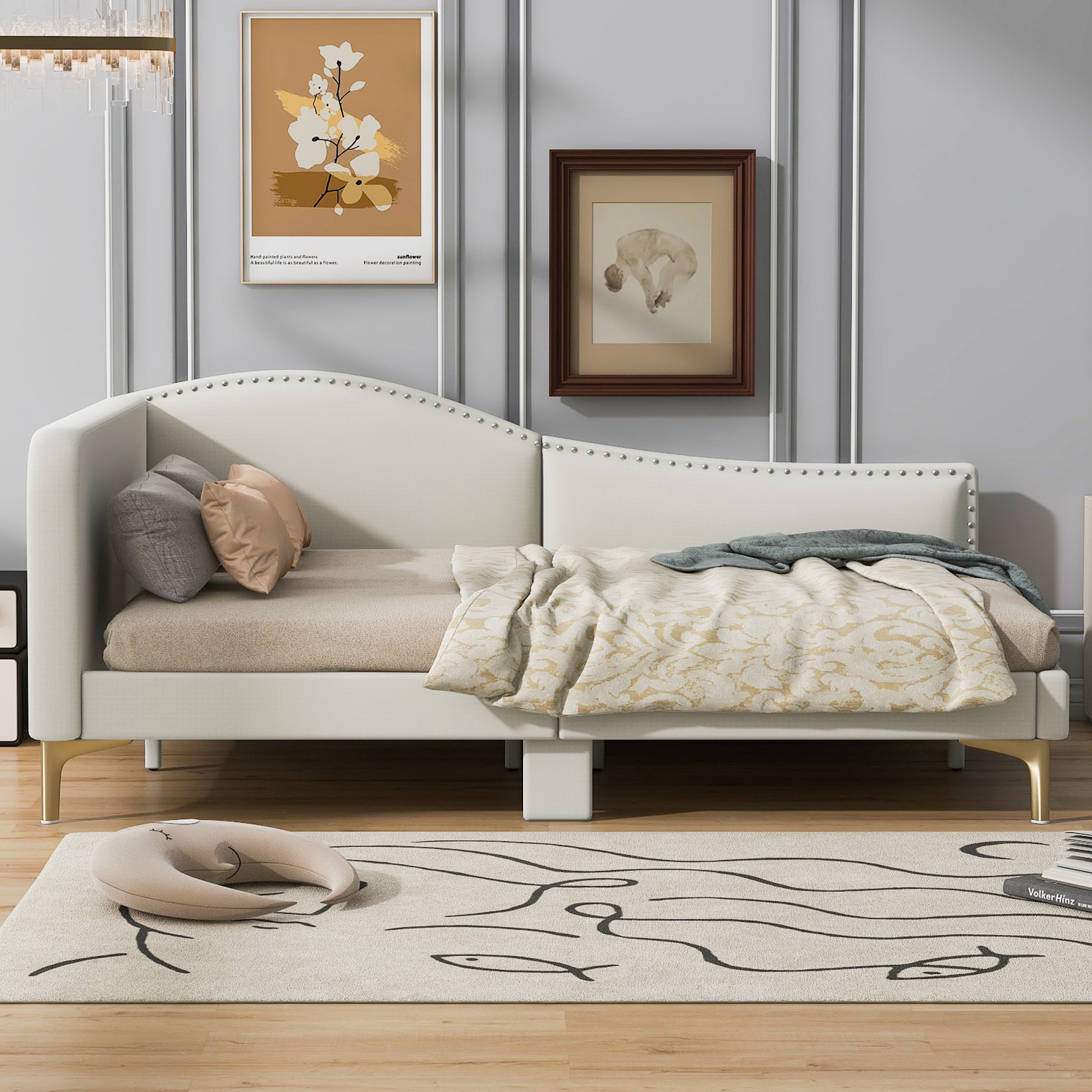 Full Size Upholstered Daybed With Headboard And Armrest, Support Legs, Beige Box Spring Not Required Full Beige Wood Daybeds Linen Upholstered