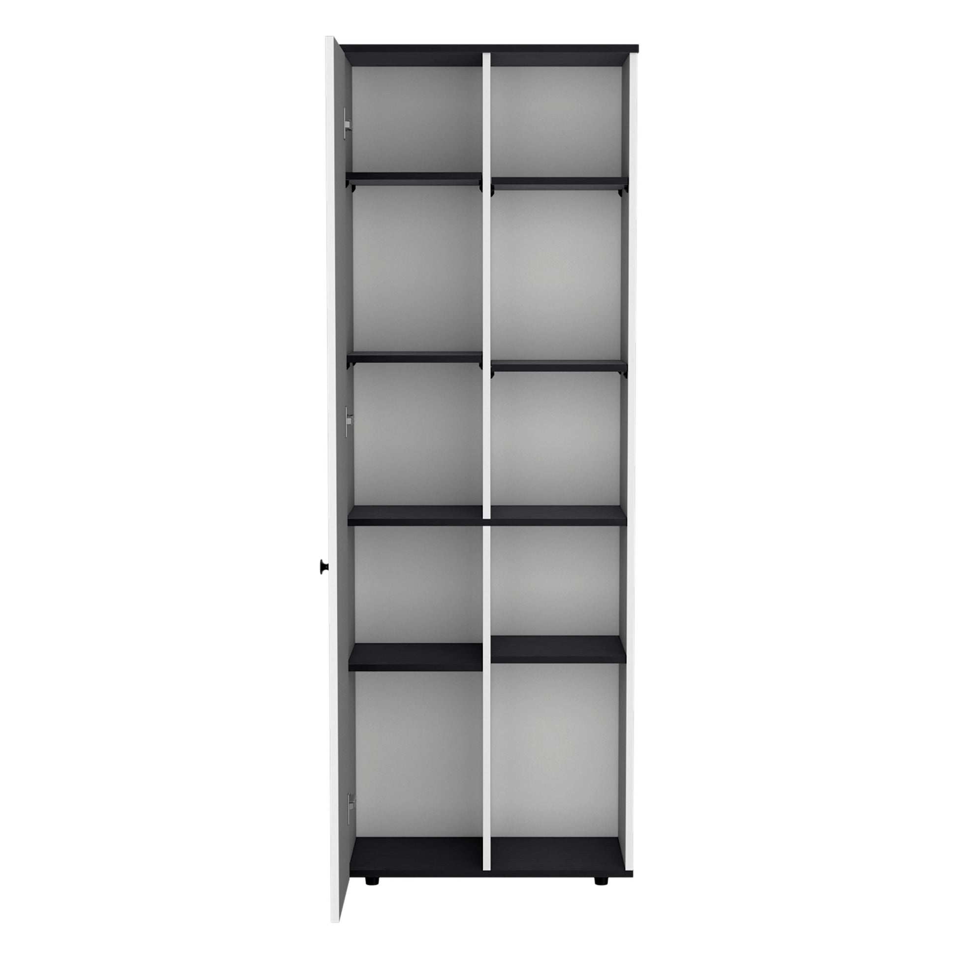 Cary 67" H Kitchen Storage Cabinet With One Door, Five Interior Shelves And Five Exterior Shelves,White Black White Black Particle Board Pine