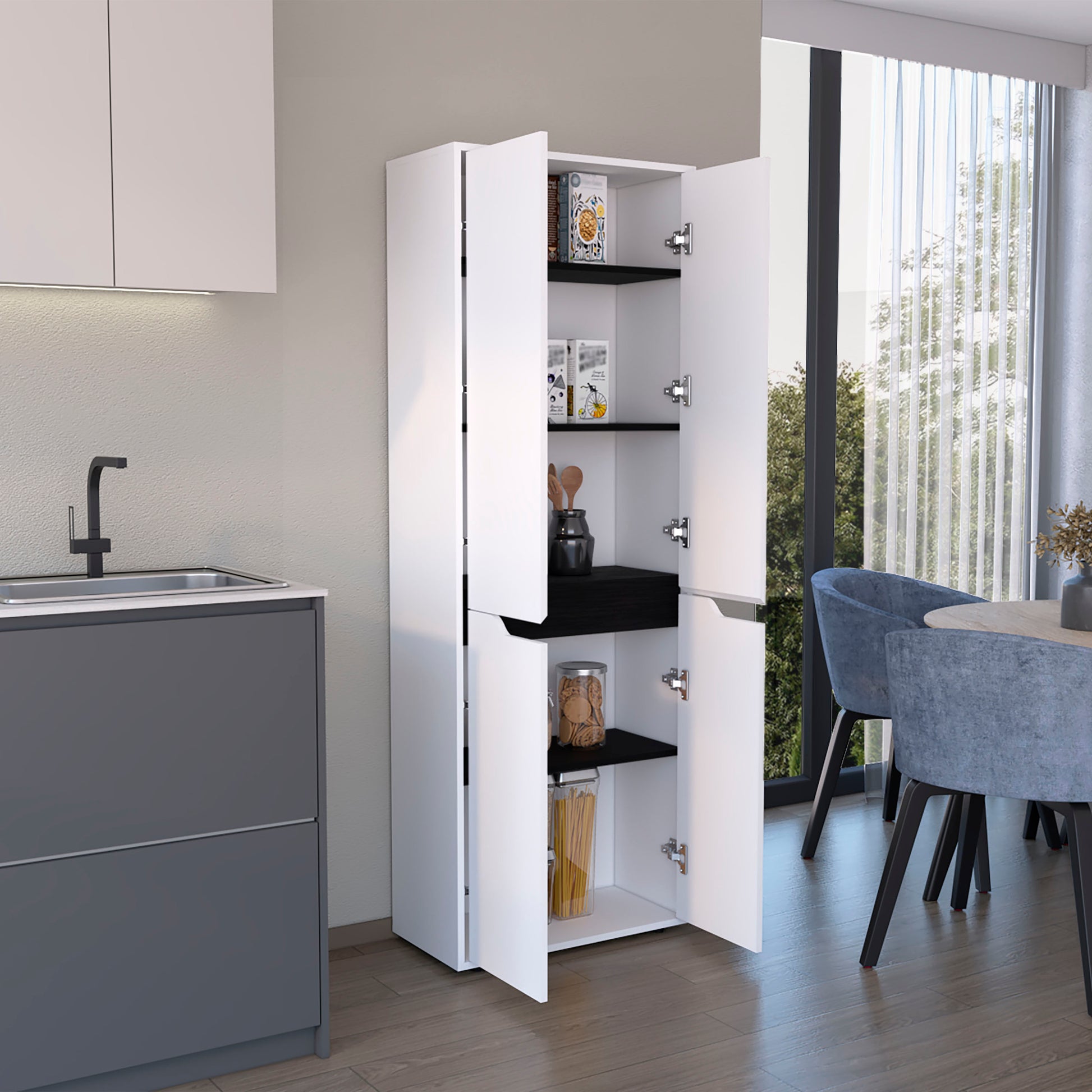 67"H Kitchen Storage Cabinet, With Four Doors And Five Interior Shelves,White Black White Black Particle Board Pine
