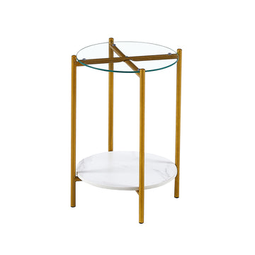 2 Layer End Table With Whole Marble Tabletop, Round Coffee Table With Black Metal Frame For Bedroom Living Room Office Transparent,1 Piece Transparent Glass Metal