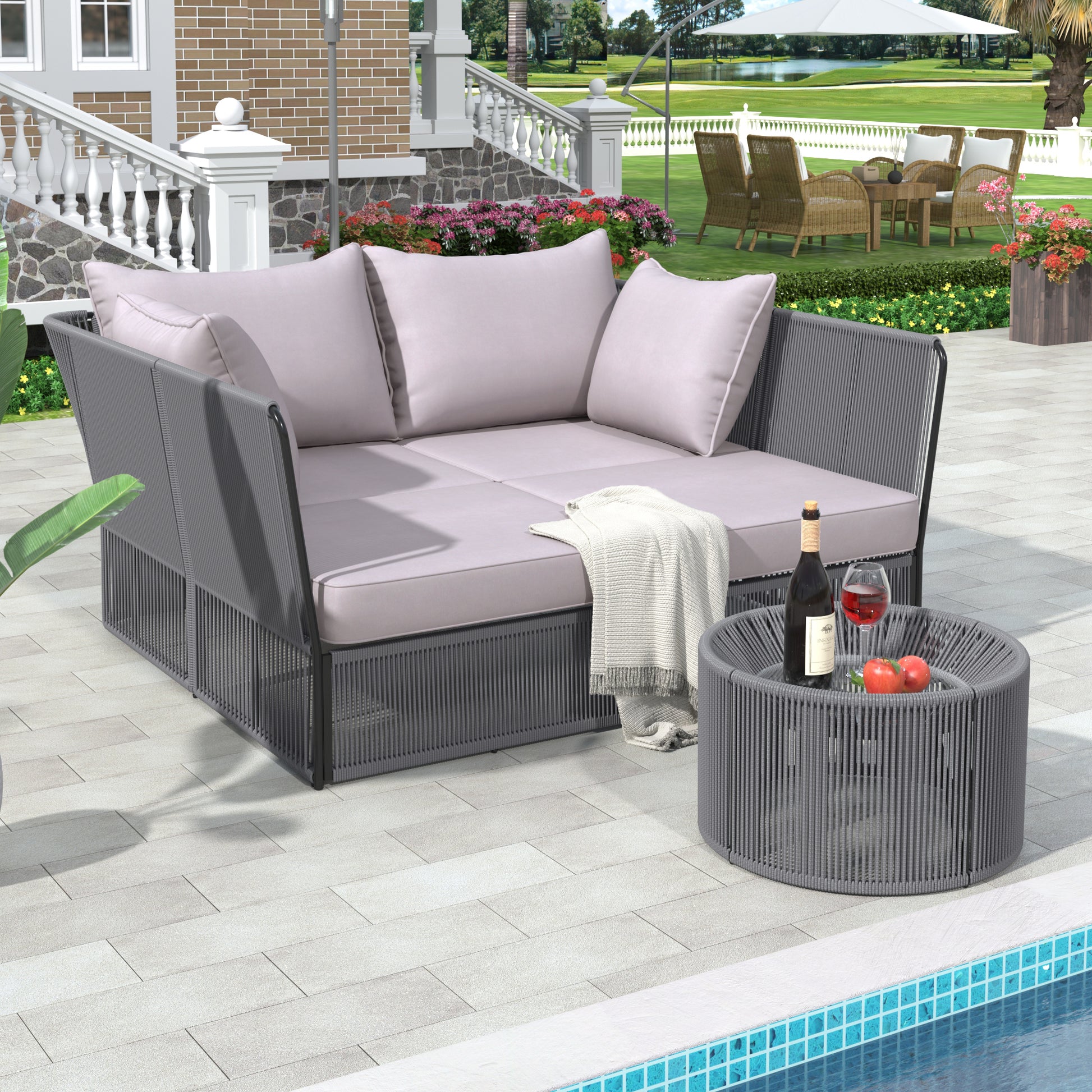 2 Piece Outdoor Sunbed And Coffee Table Set, Patio Double Chaise Lounger Loveseat Daybed With Clear Tempered Glass Table For The Patio, Poolside Grey Cushion Dark Grey Rope Grey Woven Rope