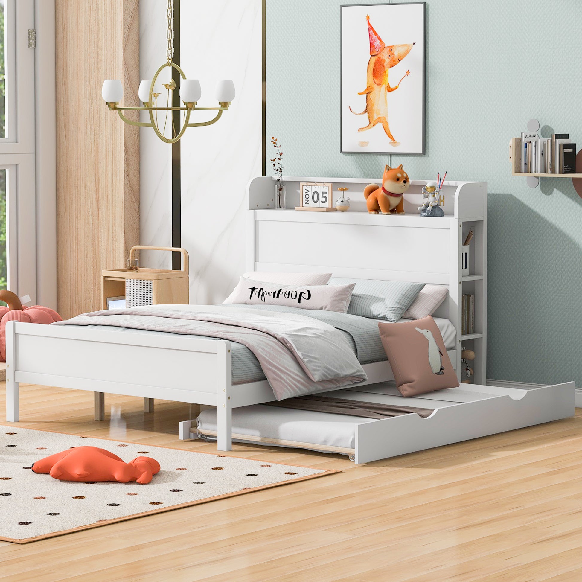 Full Size Platform Bed With Storage Headboard And Twin Size Trundle, White Box Spring Not Required Full White Wood Bedroom Bed Frame Solid Wood Mdf