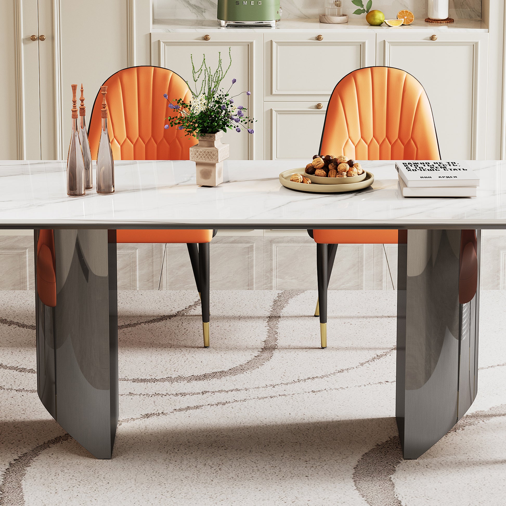 0.47" Thick Sintered Stone Composite Tempered Glass Top Rectangular Dining Table With Stainless Steel Base Black Sintered Stone