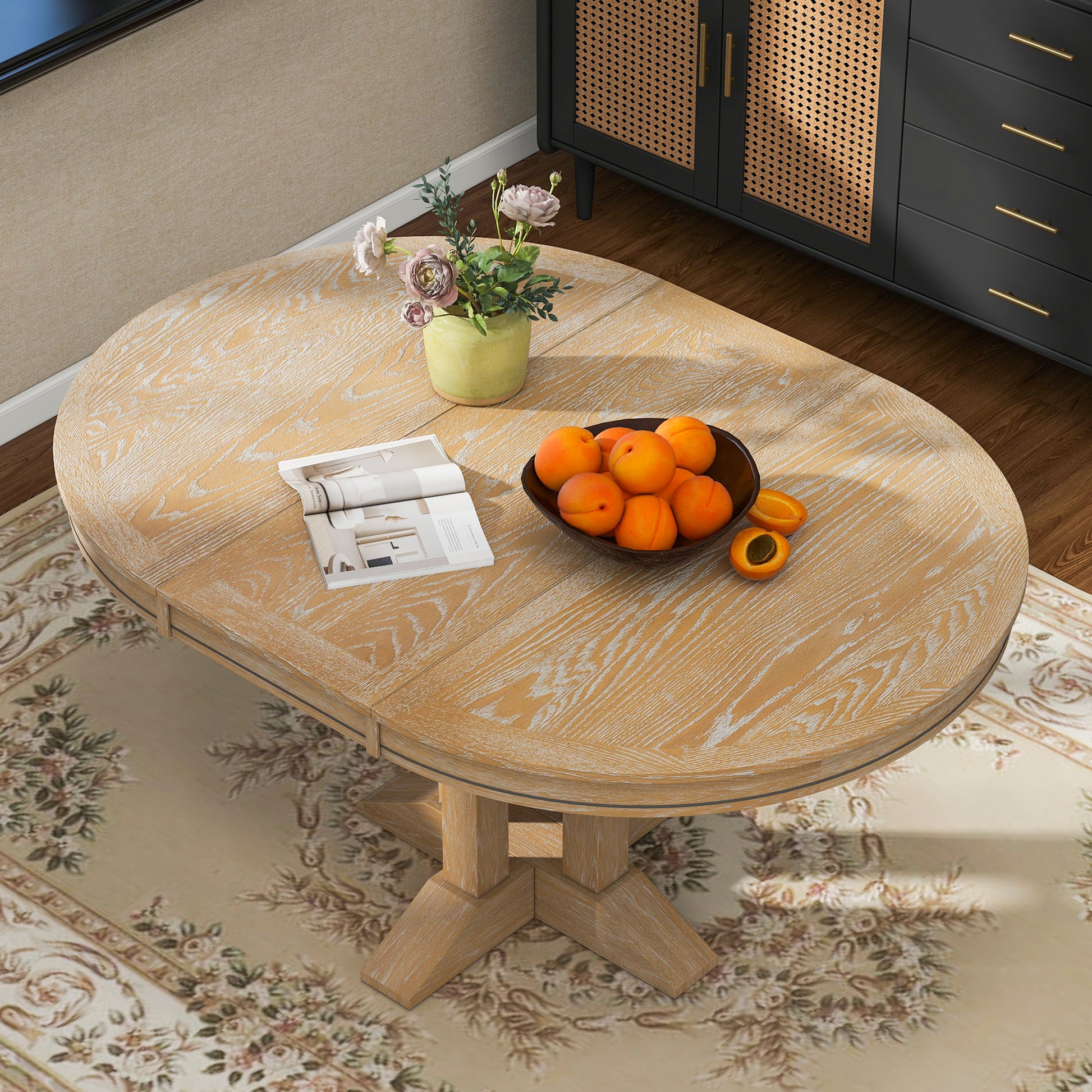 Farmhouse Dining Table Extendable Round Table For Kitchen, Dining Room Natural Wood Wash Natural Wood Wash Solid Wood Mdf