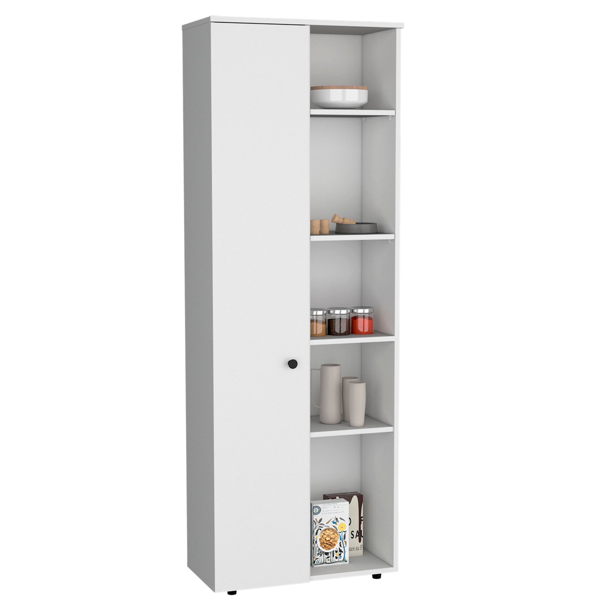 Depot E Shop Cary 67" H Kitchen Storage Cabinet With One Door, Five Interior Shelves And Five Exterior Shelves,White White Particle Board Pine