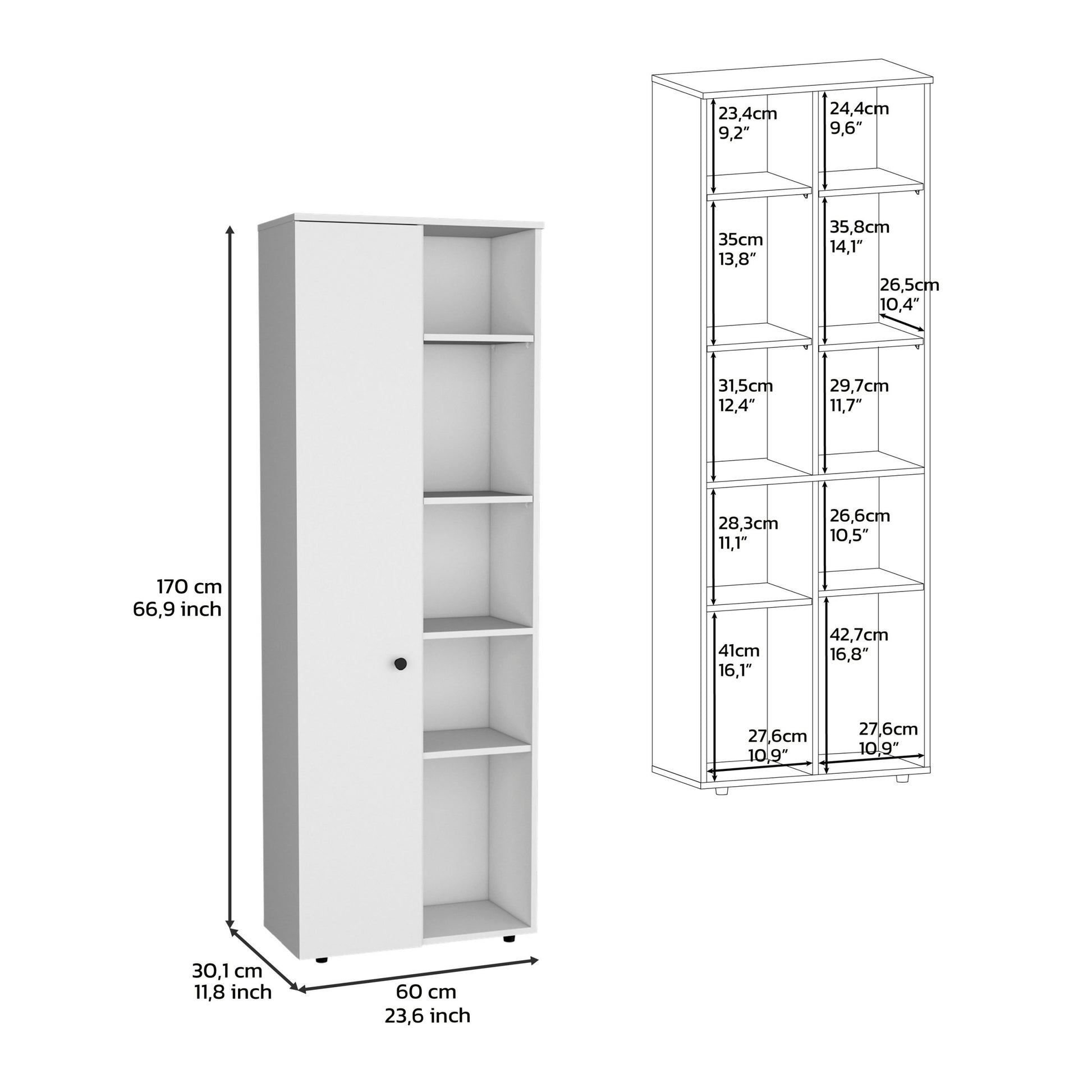 Cary 67" H Kitchen Storage Cabinet With One Door, Five Interior Shelves And Five Exterior Shelves,White White Particle Board Pine