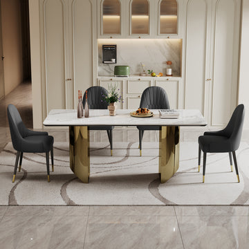 0.47" Thick Sintered Stone Composite Tempered Glass Top Rectangular Dining Table With Stainless Steel Base Gold Sintered Stone