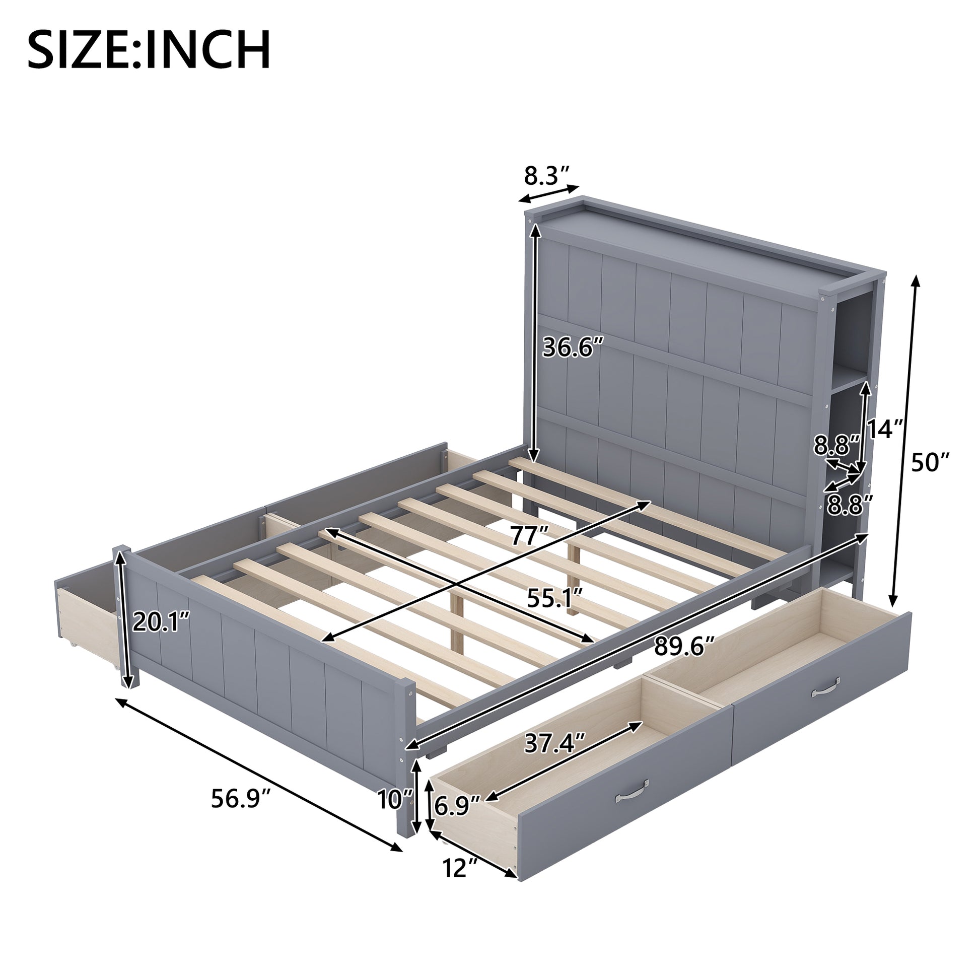 Full Size Platform Bed With Drawers And Storage Shelves, Gray Gray Solid Wood Mdf