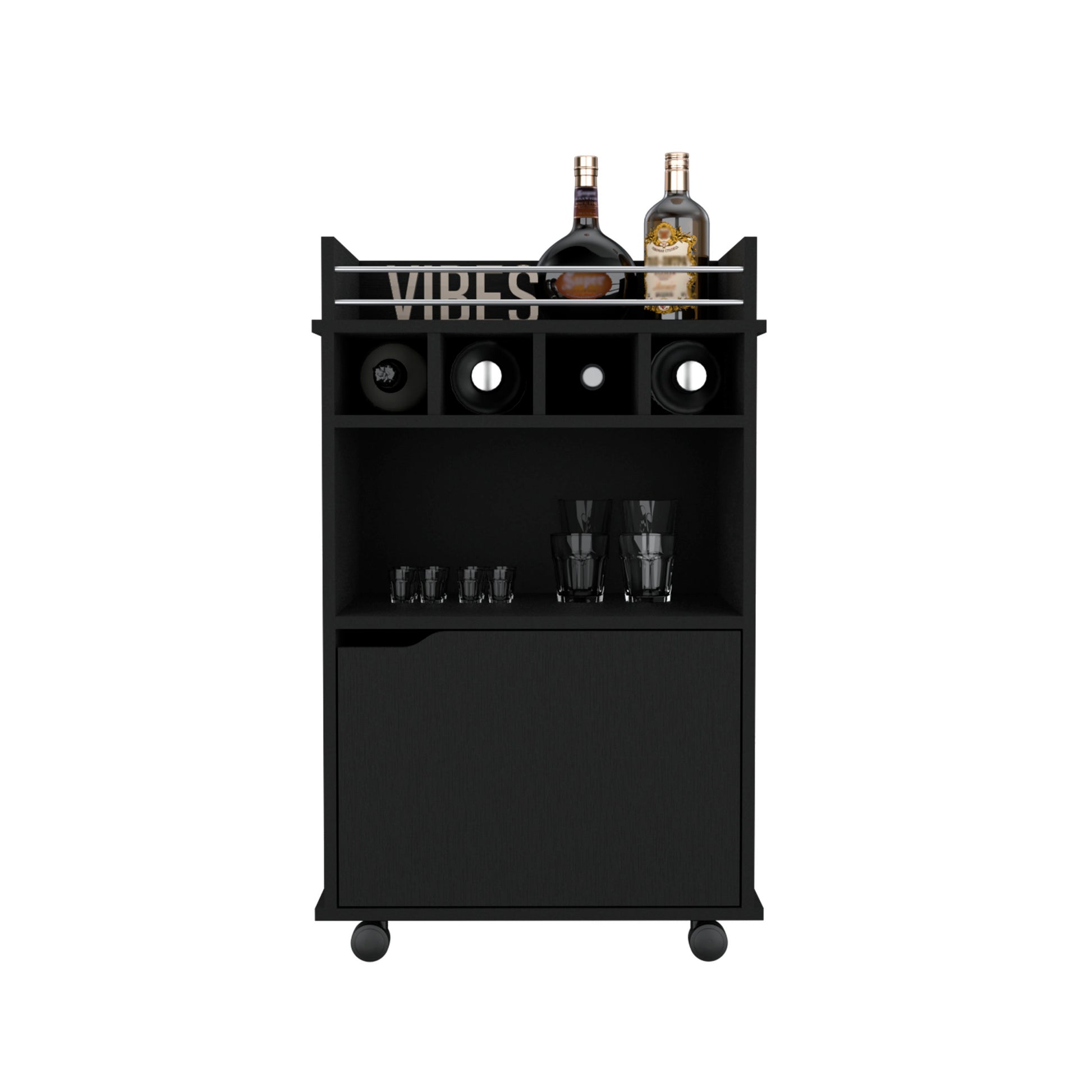 Sims 35" H Bar Cart With Two Shelves Four Wine Cubbies And One Cabinet,Black Black Particle Board Pine