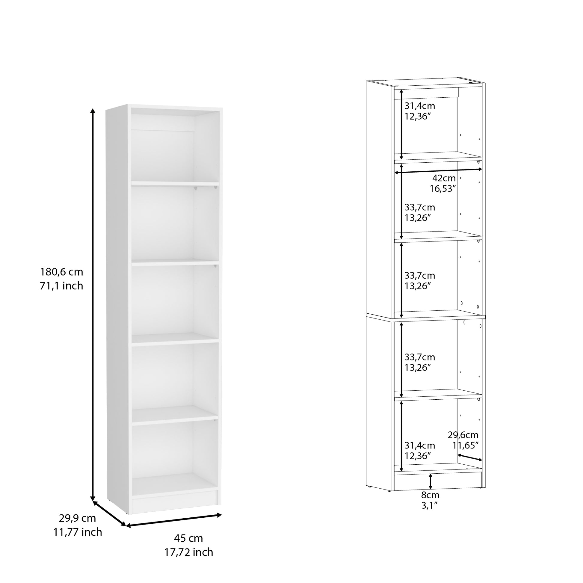 Vinton Xs Bookcase Compact Bookshelf With Multiple Shelves, White White Particle Board Pine