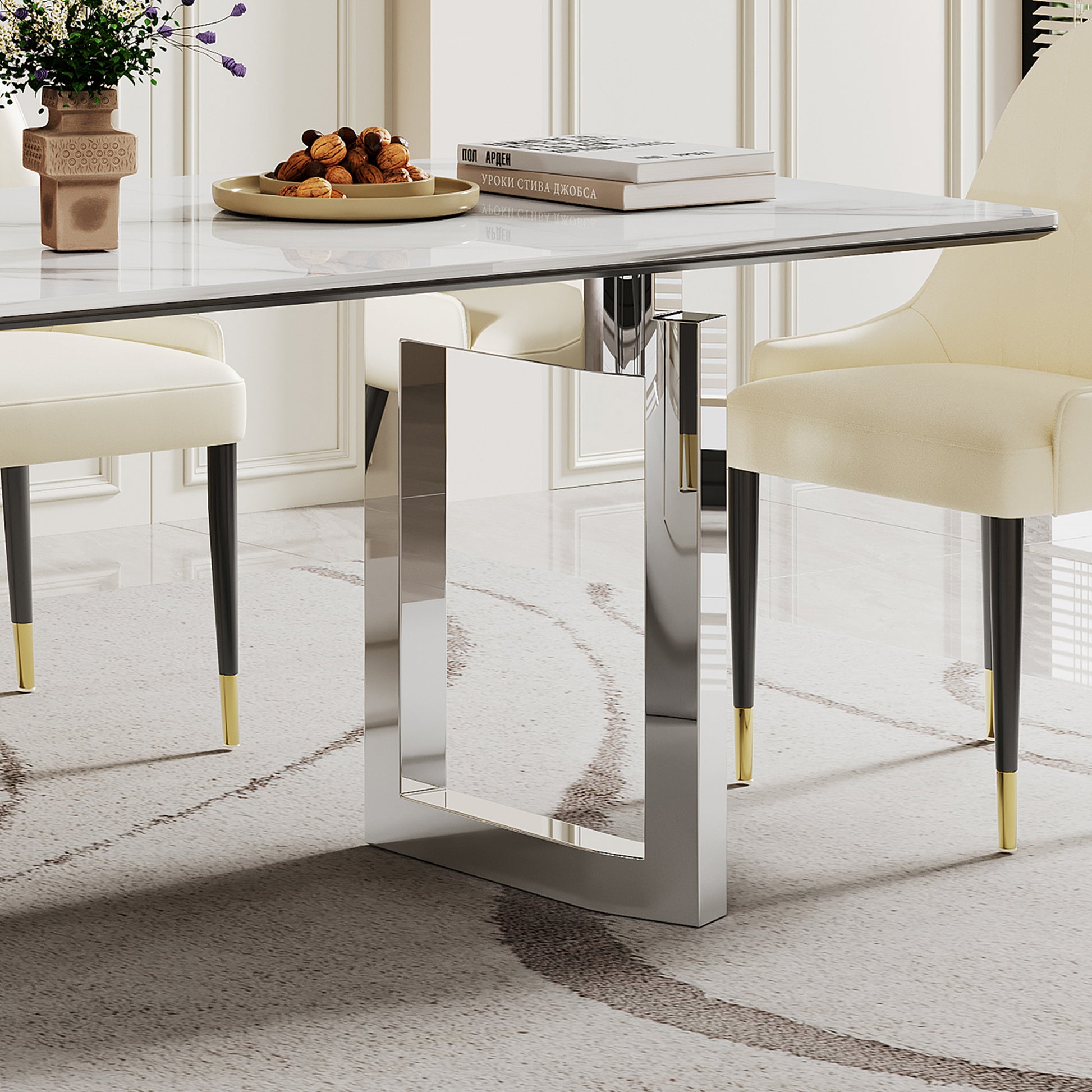 0.47" Thick Sintered Stone Composite Tempered Glass Top Rectangular Dining Table With Stainless Steel Base Gold Sintered Stone