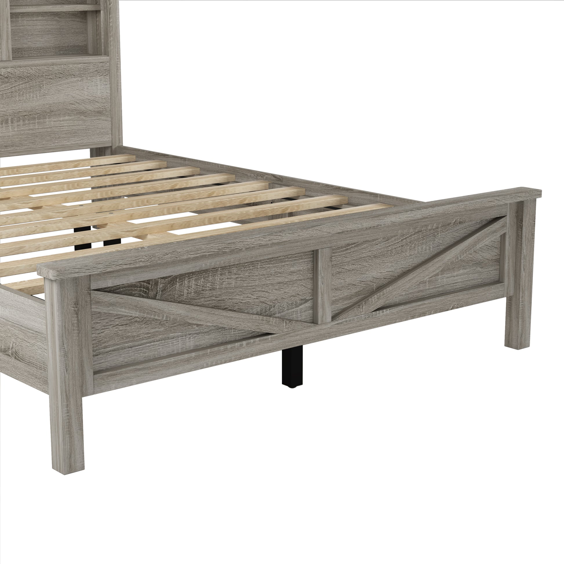 Farmhouse Platform Bed With Double Sliding Barn Door, Full Size Rustic Wood Bed Withcharging Station, Wood Slats Support, Antique Gray Antique Gray Particle Board