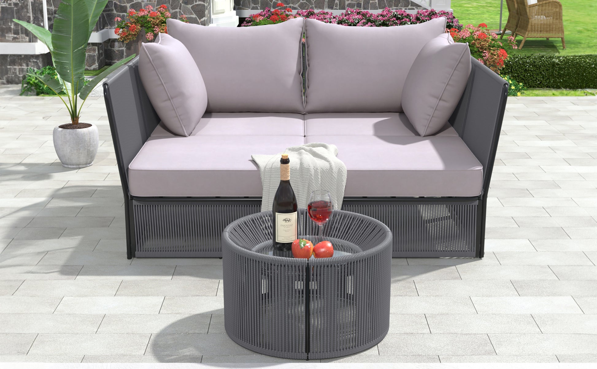 2 Piece Outdoor Sunbed And Coffee Table Set, Patio Double Chaise Lounger Loveseat Daybed With Clear Tempered Glass Table For The Patio, Poolside Grey Cushion Dark Grey Rope Grey Woven Rope